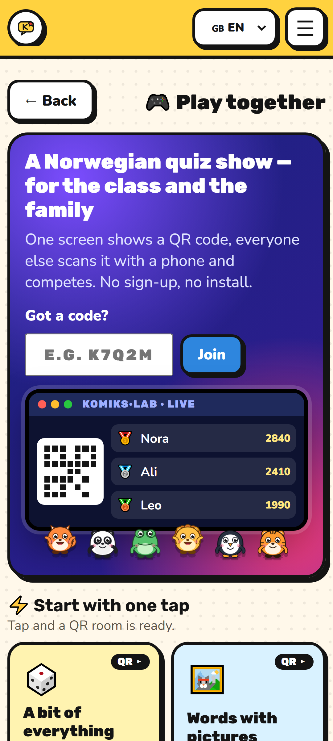 Play together — a quiz room with a QR code