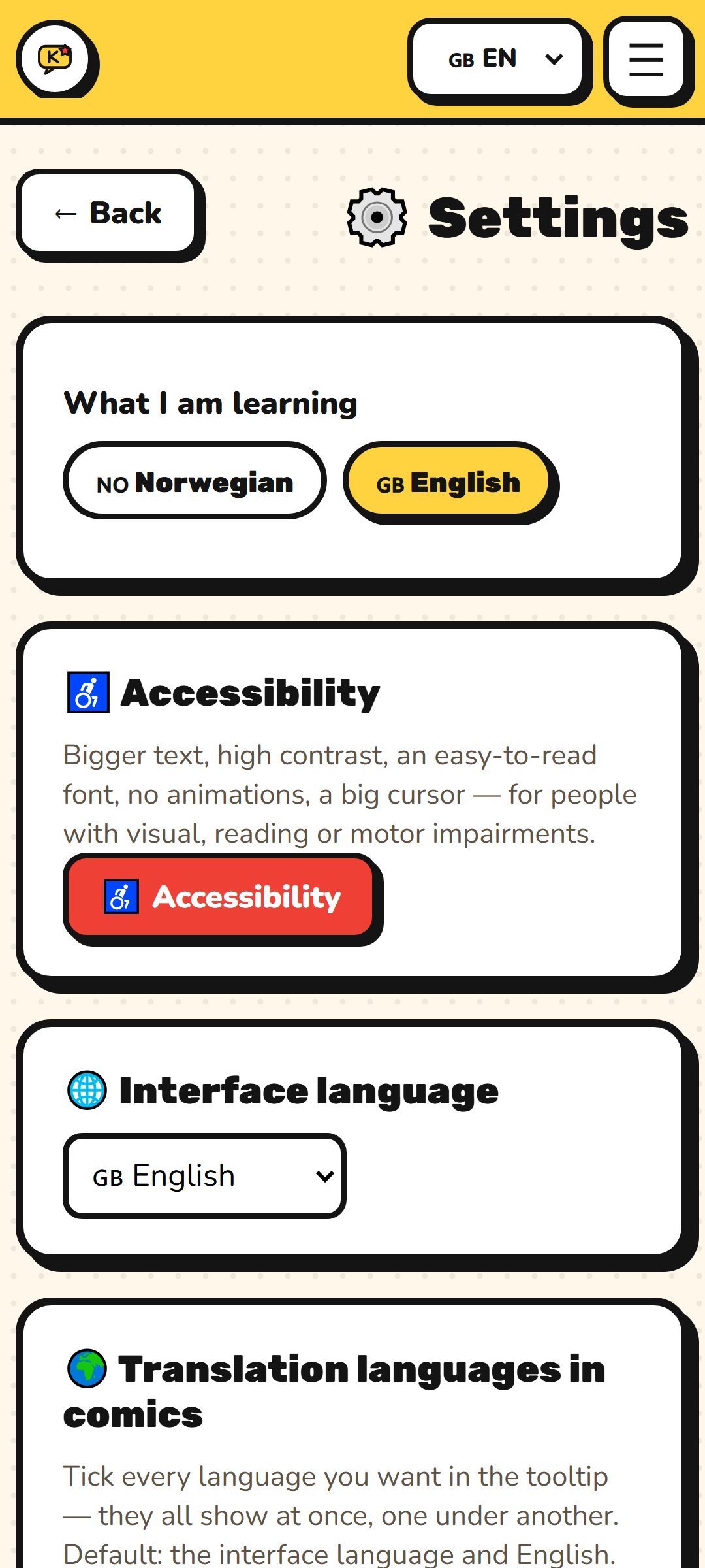 Acessibilidade nas configurações