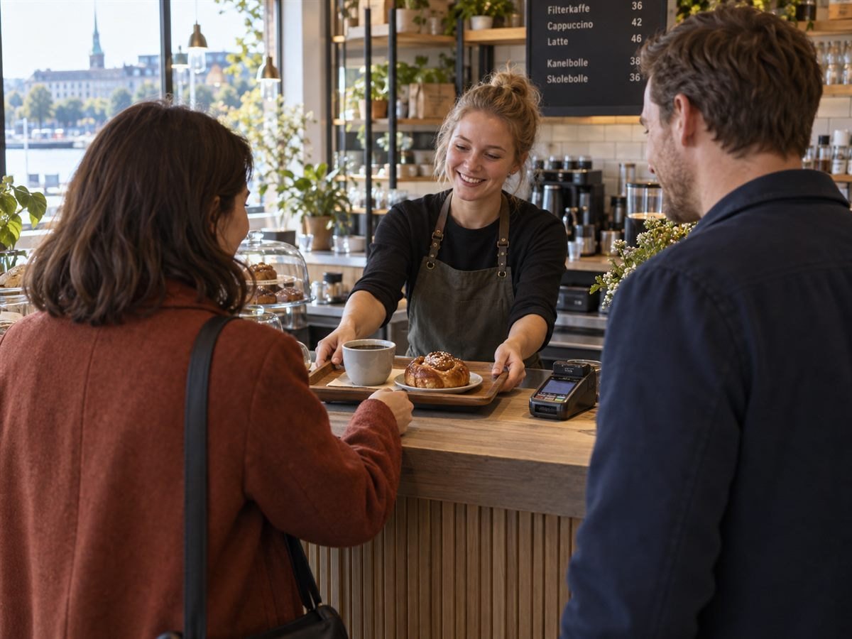 En kaffe og en kanelbolle, takk. Jeg tar det samme. Kan vi betale med kort?
