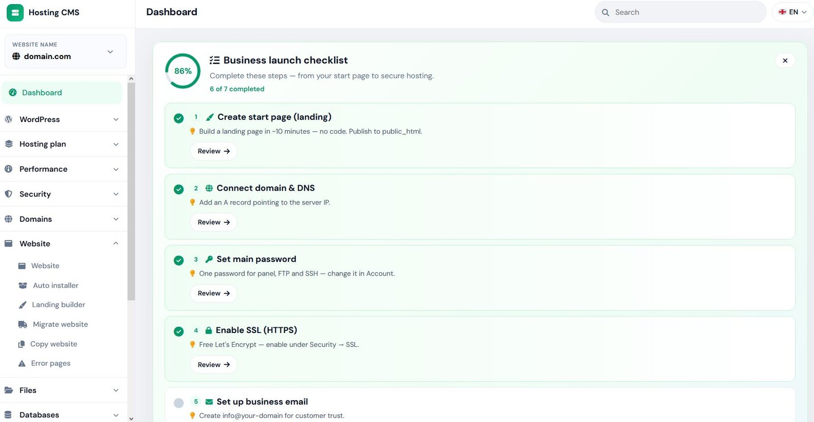 Hosting dashboard