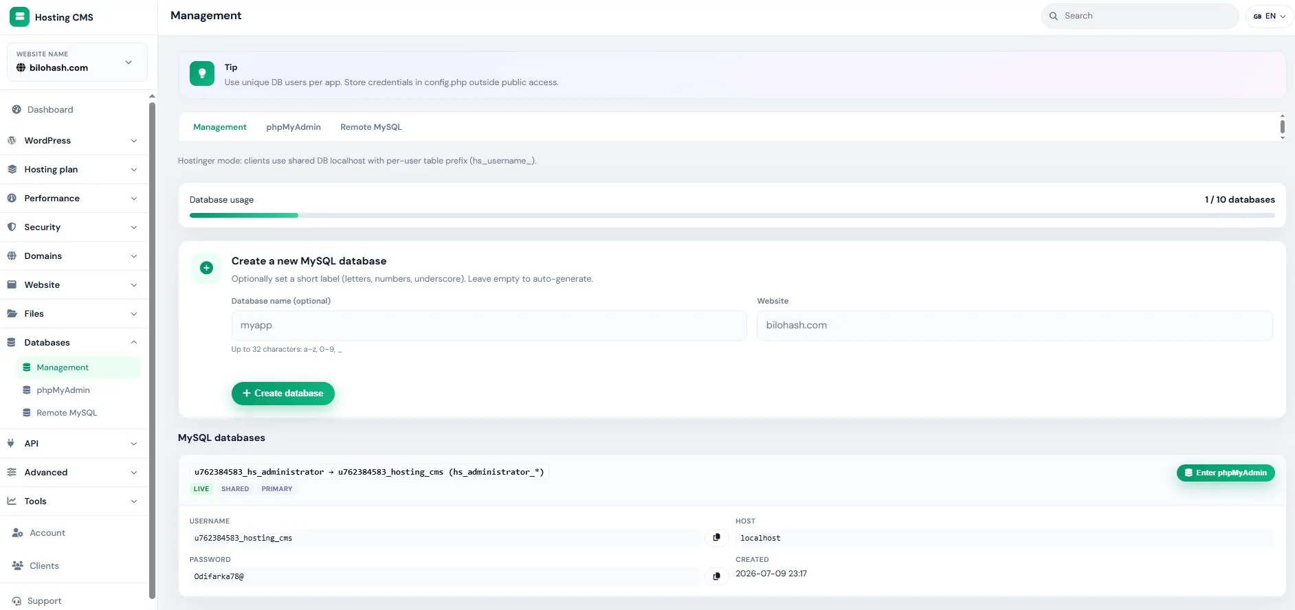 Hosting CMS v2.9.55 — MySQL