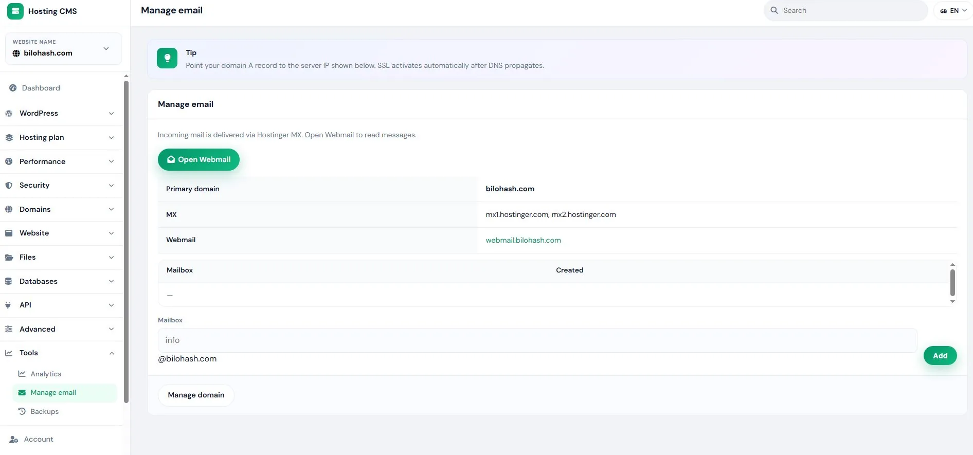 Hosting CMS v2.9.55 — Email manager