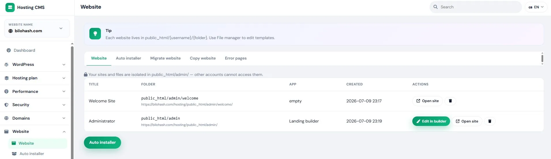 Hosting CMS v2.9.55 — Websites
