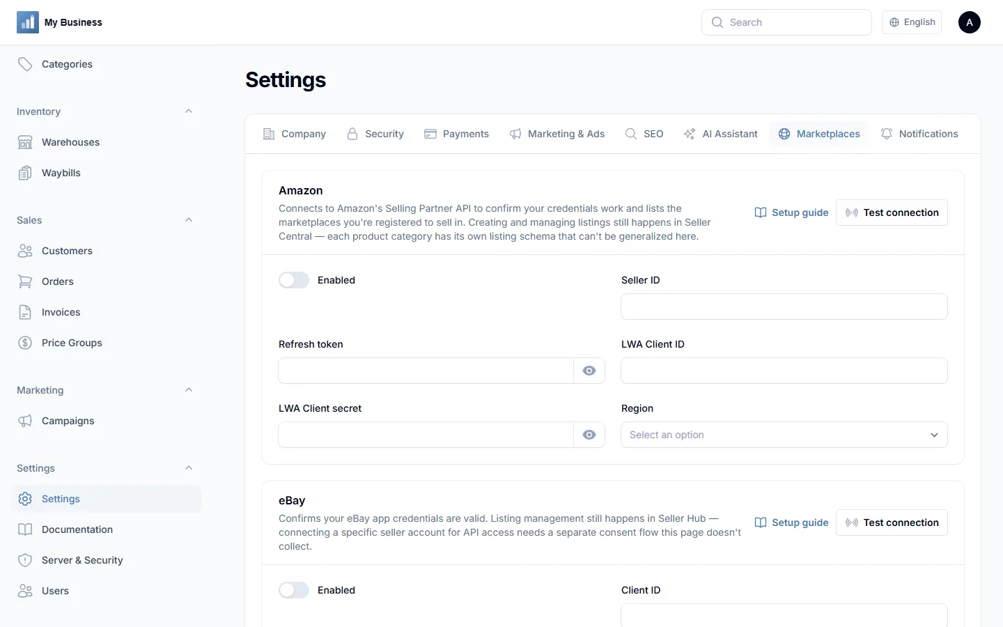 Marketplaces settings screen