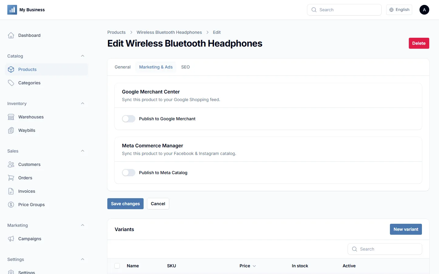 Marketing & Ads product tab screen