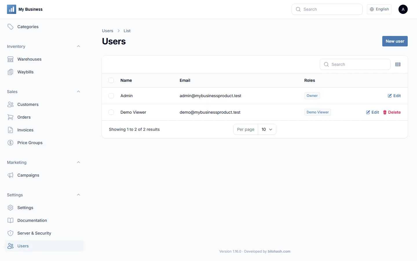 Users and roles screen