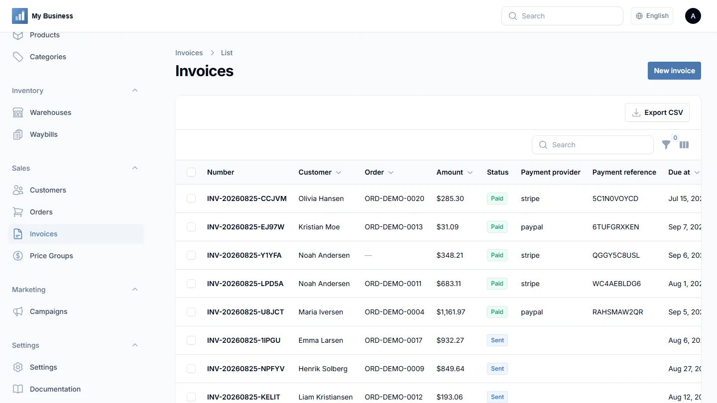 Invoices screen