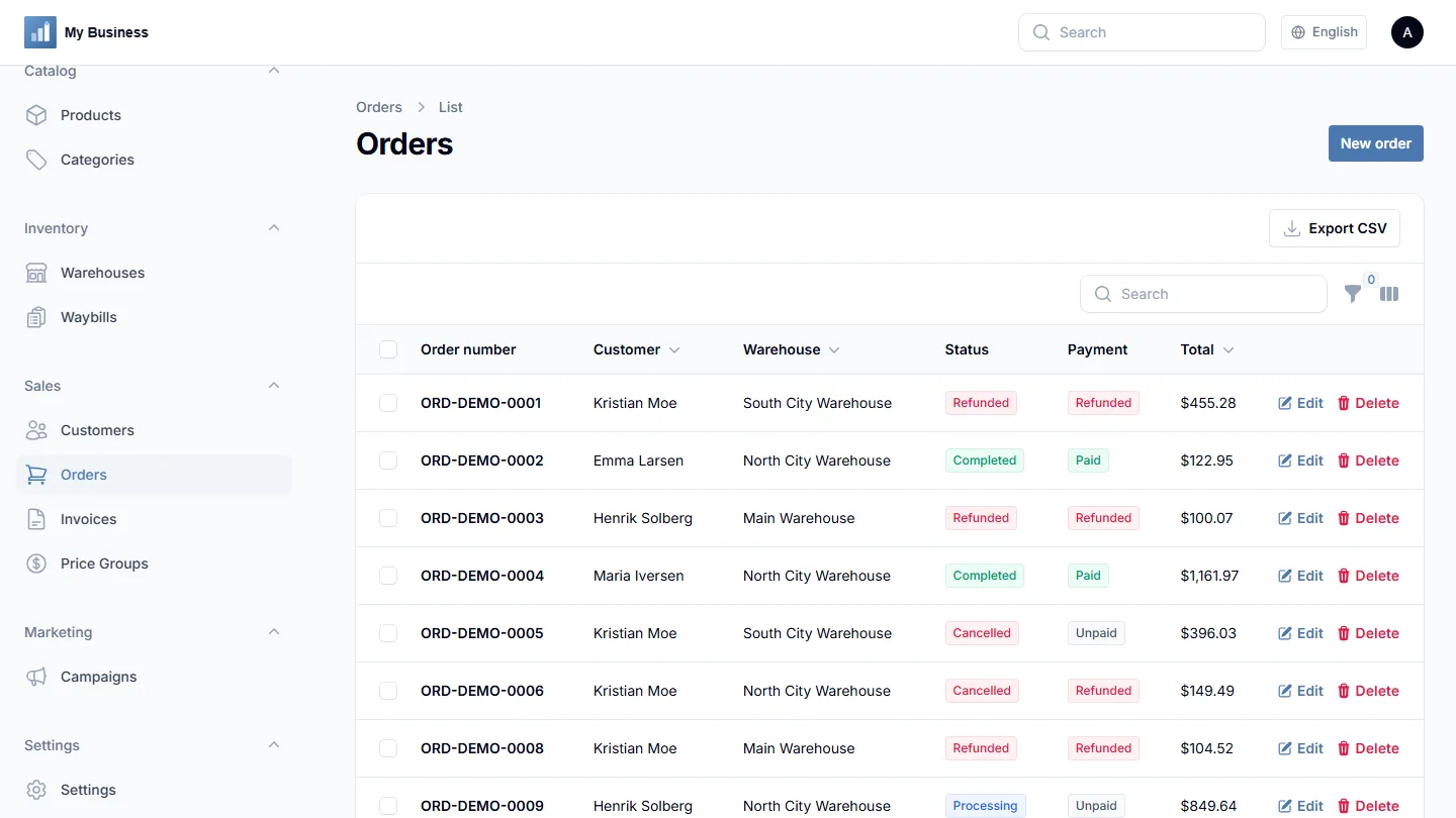 Orders screen