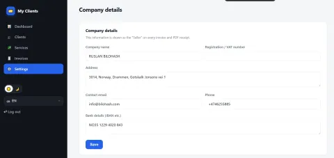 Реквізити продавця — Мої клієнти / My Clients / Invoice