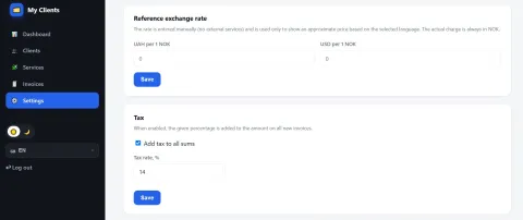 Курс і ПДВ/VAT/MVA — Мої клієнти / My Clients / Invoice