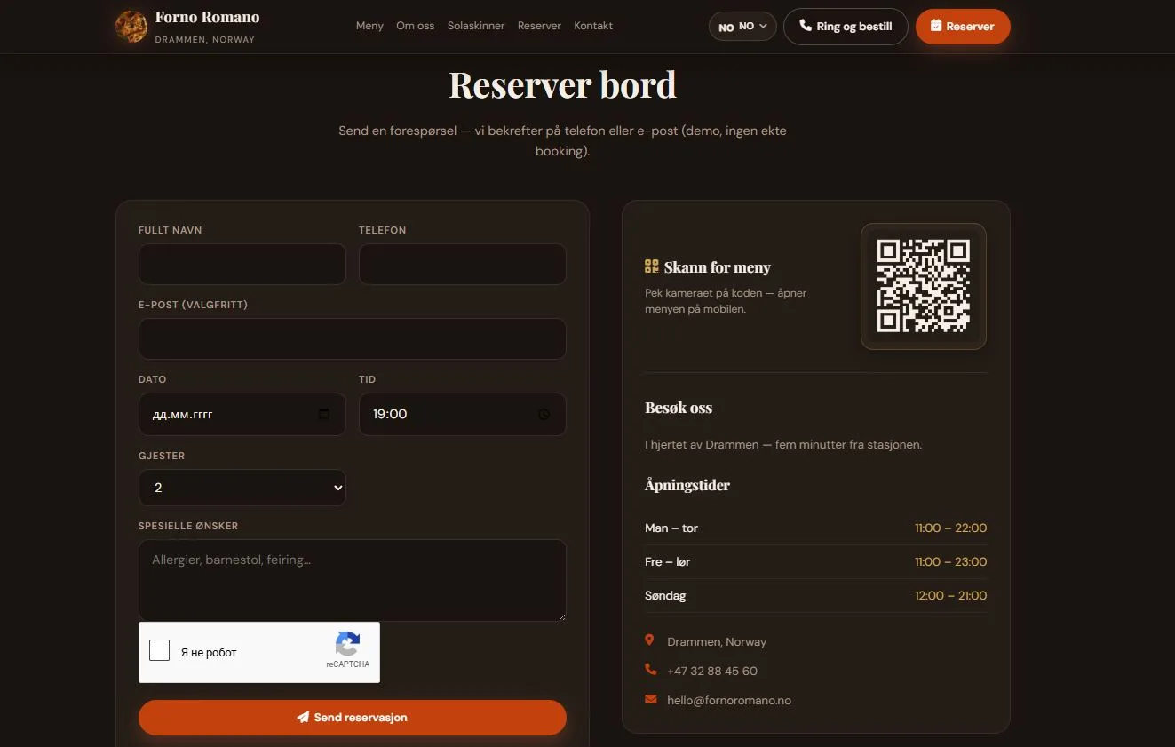 Reservation form + QR menu