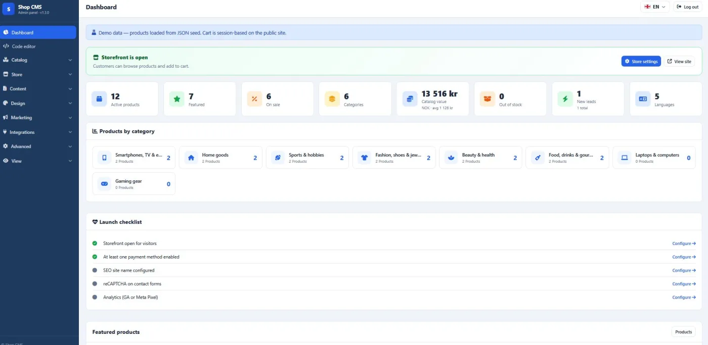 Shop CMS v1.7.1 — Admin dashboard
