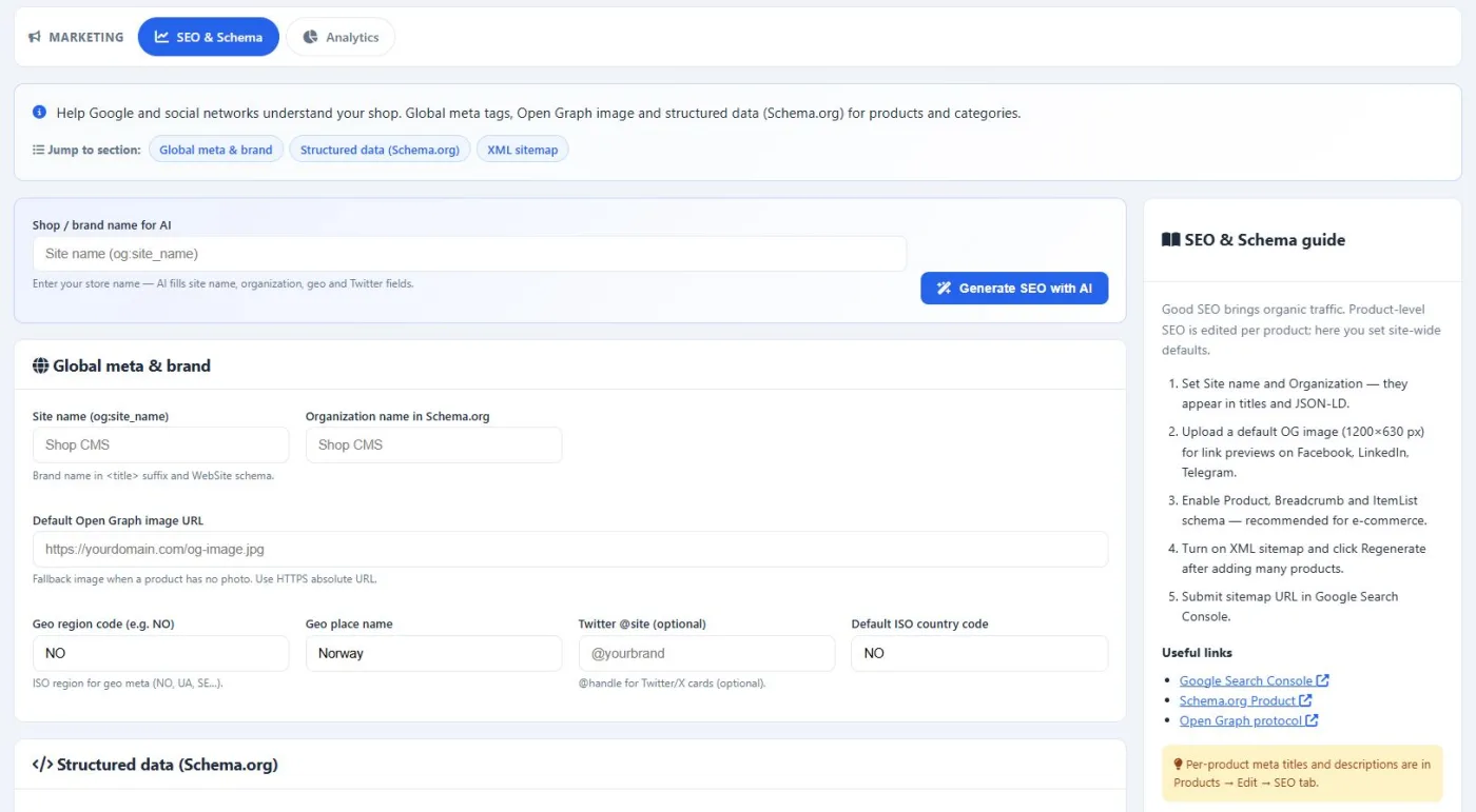 Shop CMS v1.7.1 — SEO / Schema