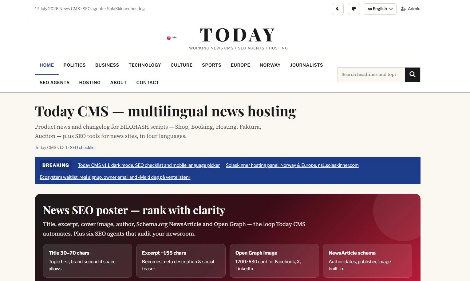 Today CMS: live nyhetsrom med flerspråklig forside